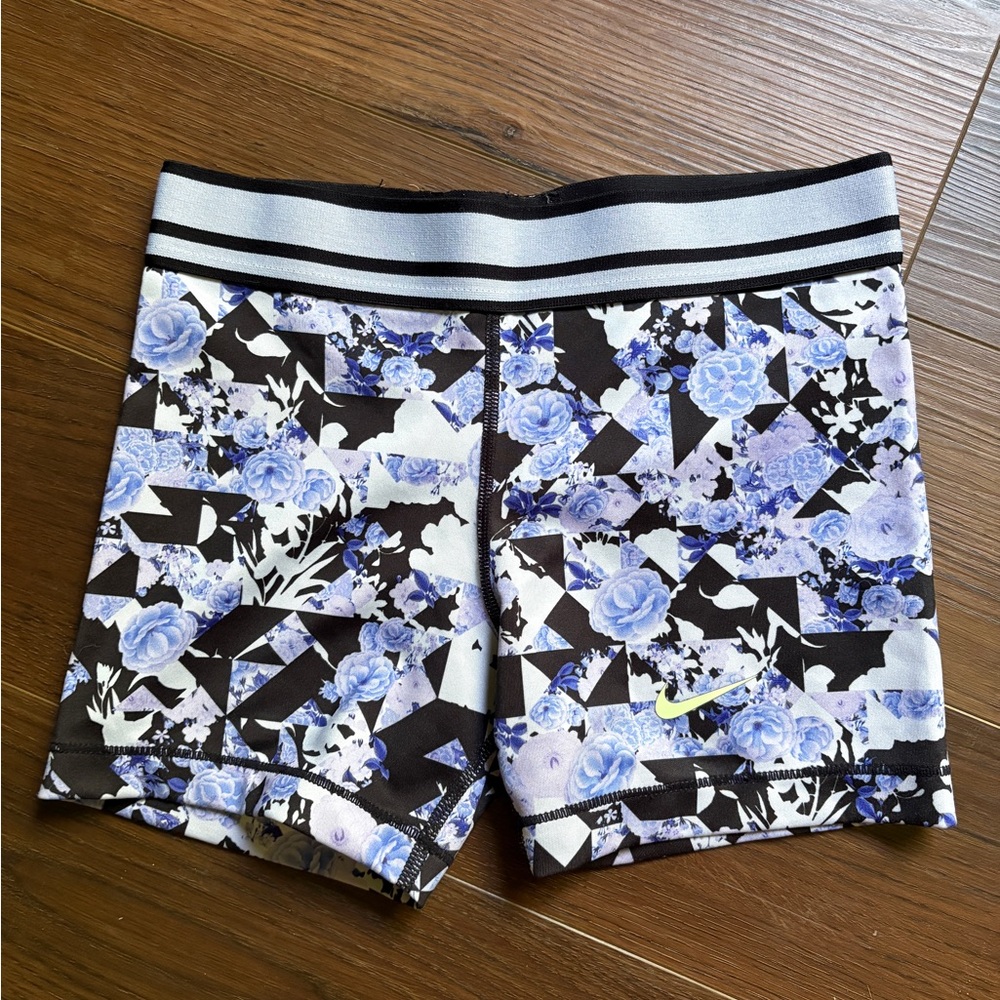 Nike Girls Black, White & Blue Floral Athletic Shorts